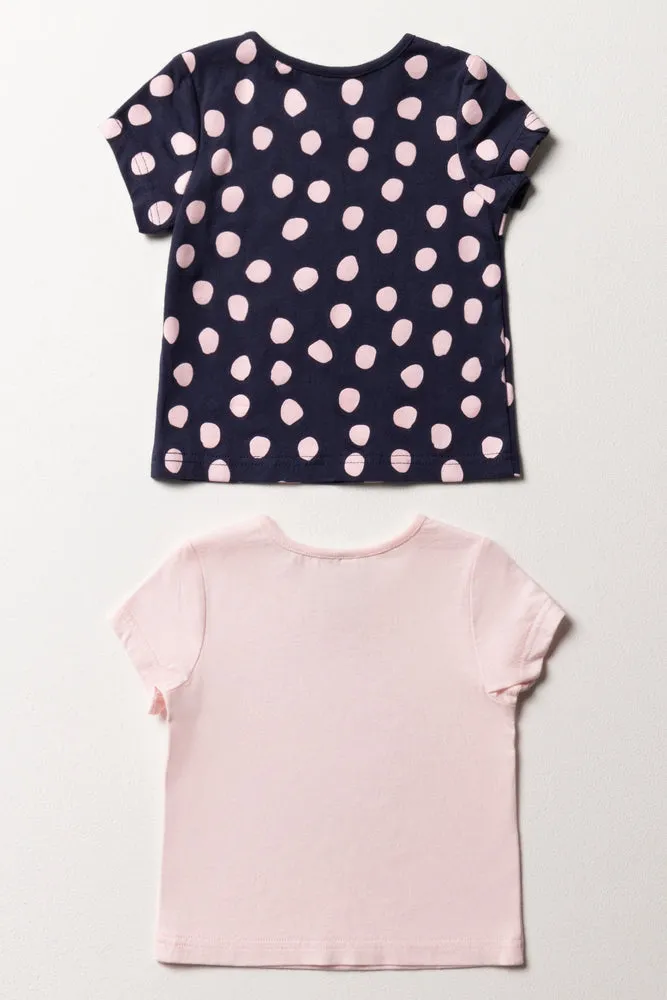 2 Pack Frill Short Sleeve T-Shirts Navy & Light Pink