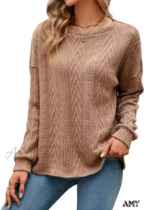 Amy Fashion - Cable Knit Tunic Sweater Crewneck Long Sleeve Sweater