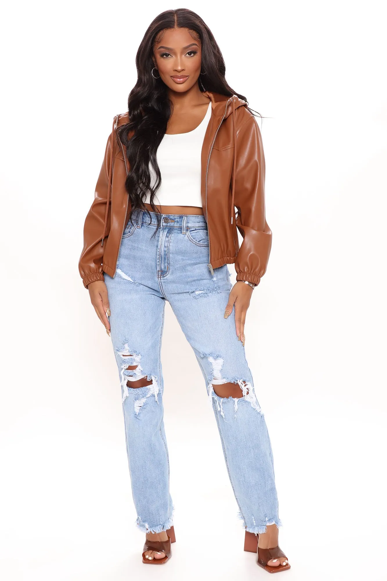 Bad Habits Faux Leather Bomber Jacket - Brown