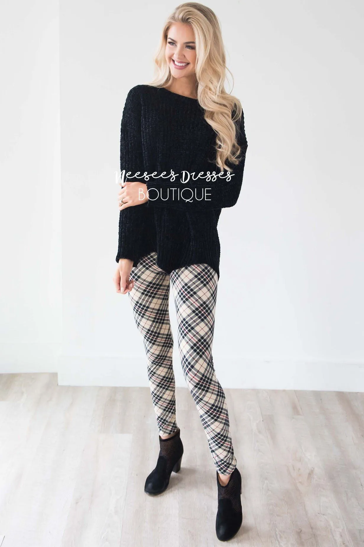 Beige Black & Burgundy Plaid Leggings