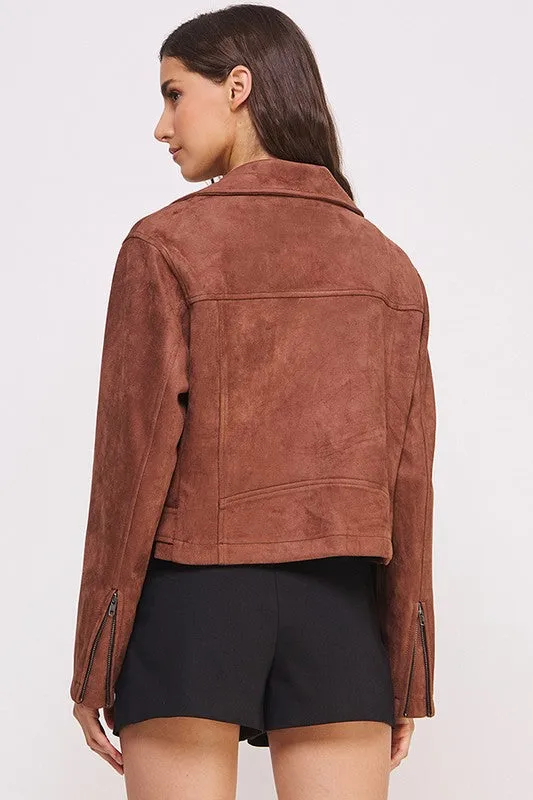 BELTED LONG SLEEVE ZIPPERED SUEDE MOTO JACKET