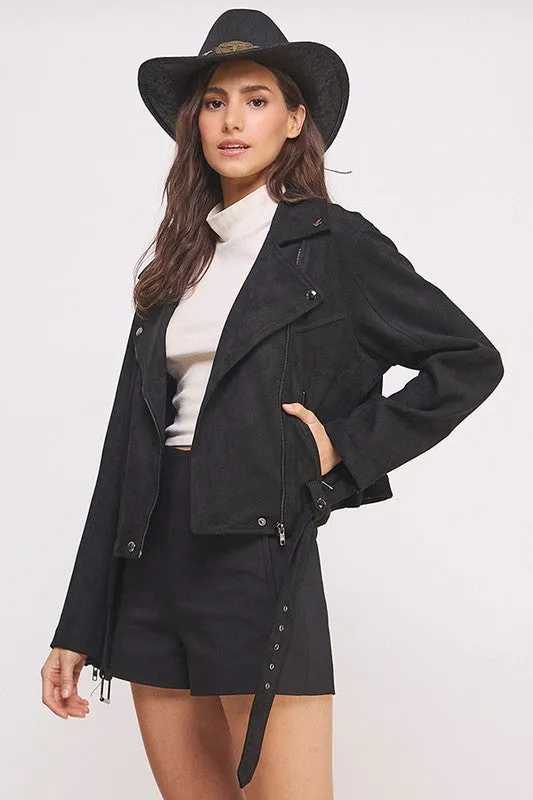 BELTED LONG SLEEVE ZIPPERED SUEDE MOTO JACKET