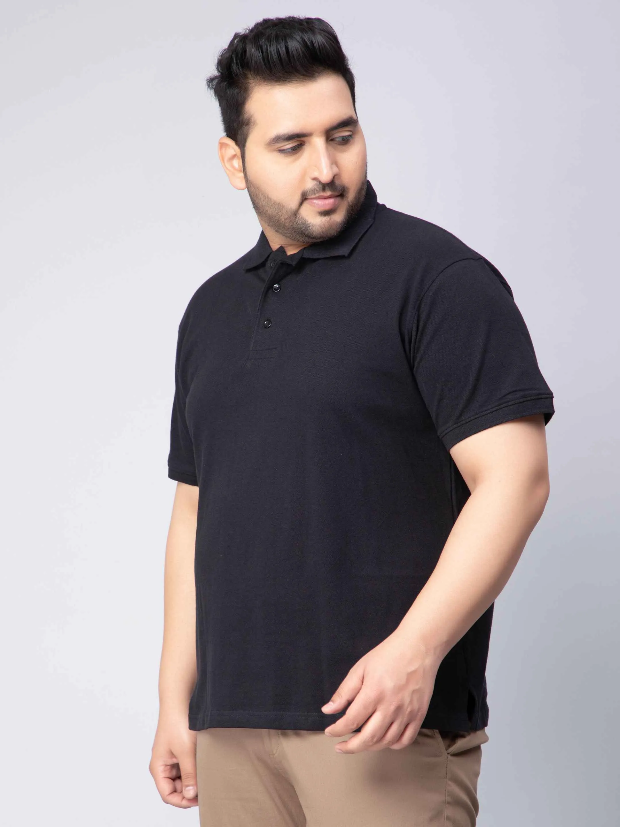 Black Solid Unisex Plus Size Polo T-shirt