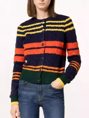 Bright-Striped Cable Knit Cardigan Sweater