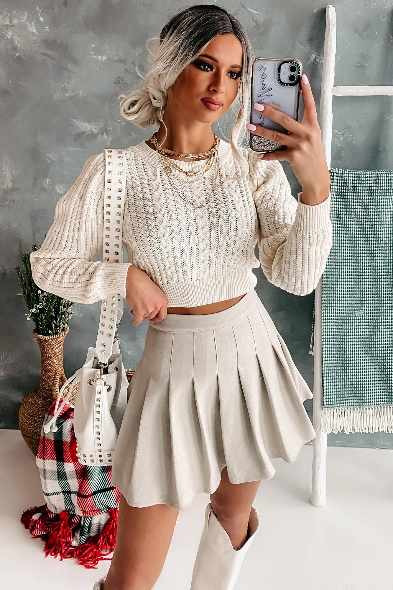 Chic Warmth Cropped Cable Knit Sweater (Ivory)