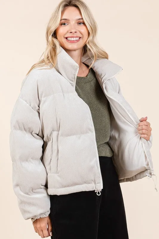 CORDUROY ZIP UP CROPPED PUFFER JACKET - SAND