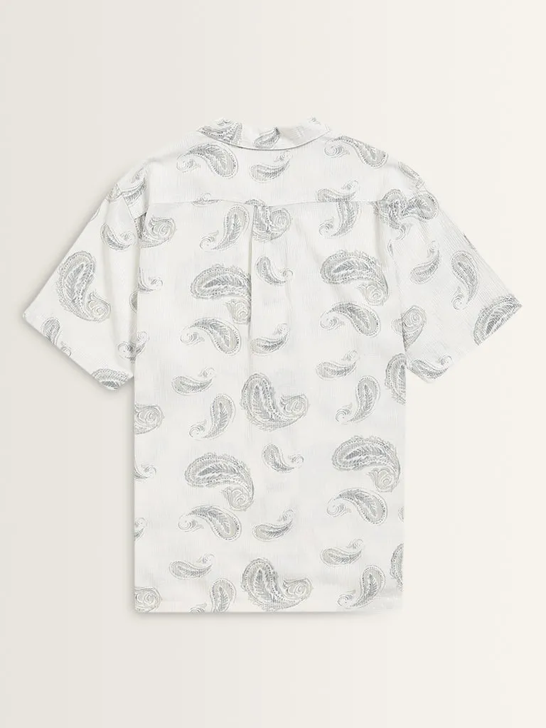 ETA White Paisley Printed Relaxed-Fit Blended Linen Shirt