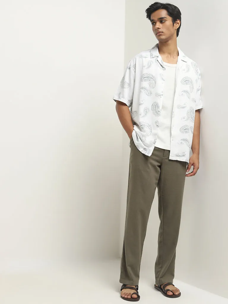 ETA White Paisley Printed Relaxed-Fit Blended Linen Shirt