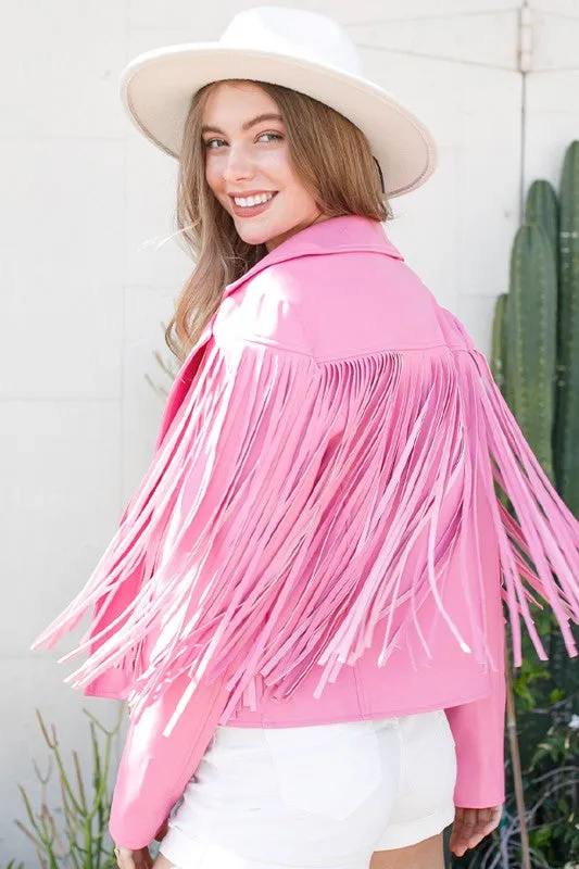 Faux Leather Moto Fringe Jacket PINK or White or Black