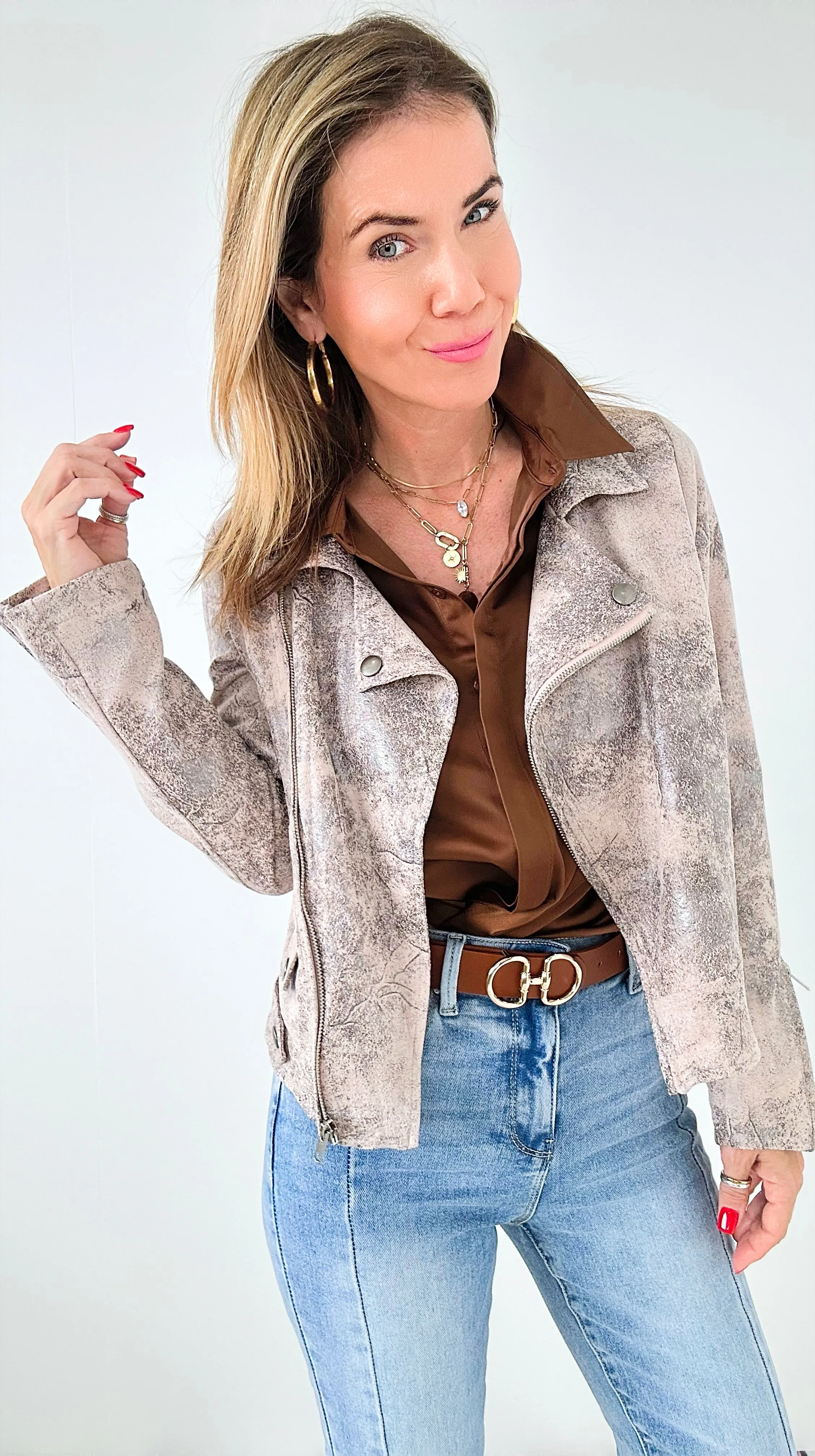 Foiled Vegan Suede Moto Jacket-Blush