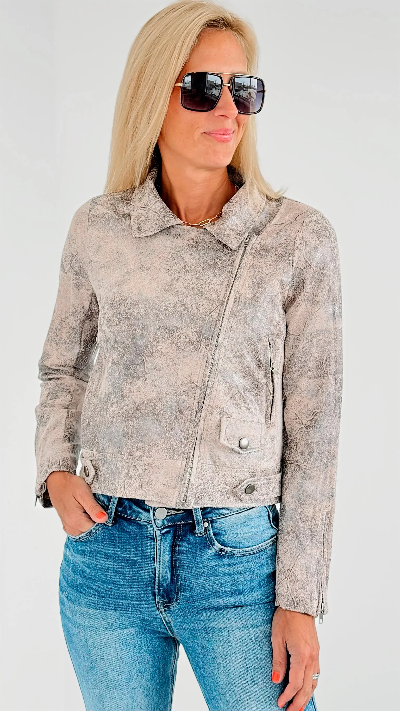 Foiled Vegan Suede Moto Jacket-Blush