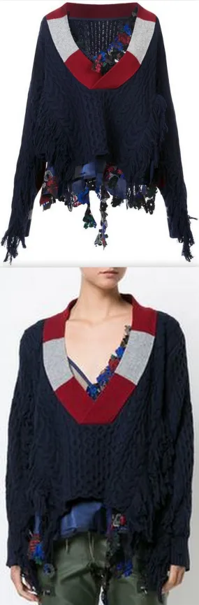 Fringed Wool Cable Knit Sweater, Blue