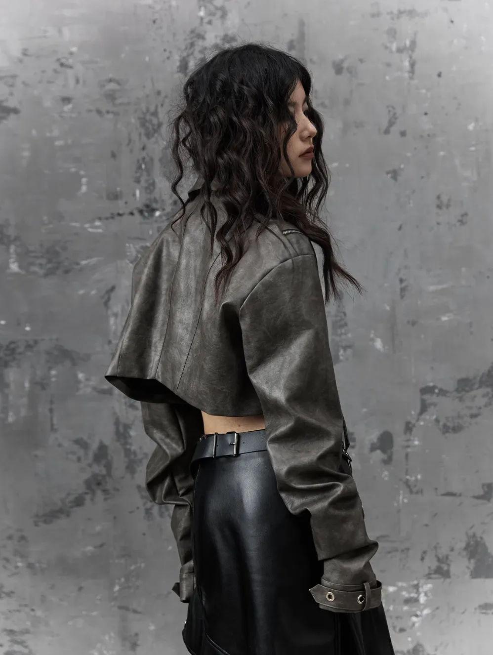 Frustration Garden Grunge Cropped Moto Jacket - Distressed Gray Leather with Multiple Pockets