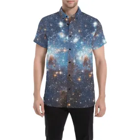 Galaxy Short Sleeve Men Button Down Shirt, Blue Outer Space Universe Astronomy Print Casual Buttoned Up Summer Collared Dress Plus Size