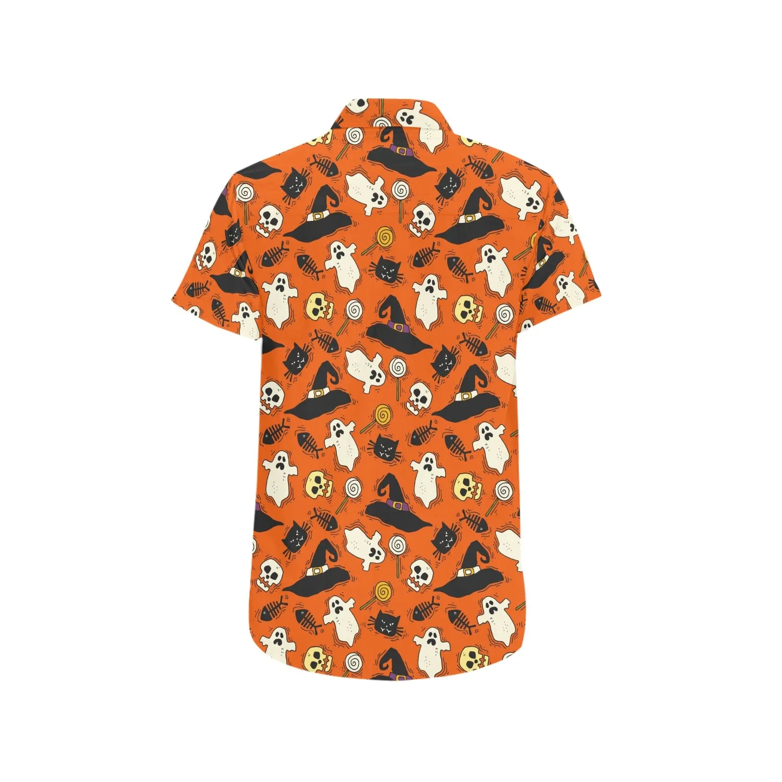 Halloween Short Sleeve Men Button Up Shirt, Spooky Orange Cats Ghosts Print Casual Buttoned Down Summer Dress Shirt Gift Husband