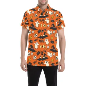 Halloween Short Sleeve Men Button Up Shirt, Spooky Orange Cats Ghosts Print Casual Buttoned Down Summer Dress Shirt Gift Husband