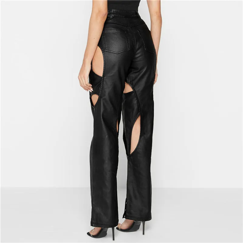 High Waist Straight Hollow Faux Leather Pants