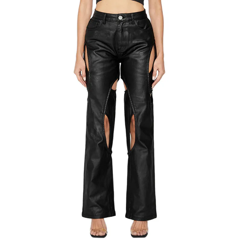 High Waist Straight Hollow Faux Leather Pants