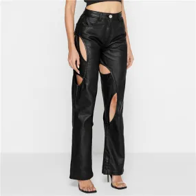 High Waist Straight Hollow Faux Leather Pants