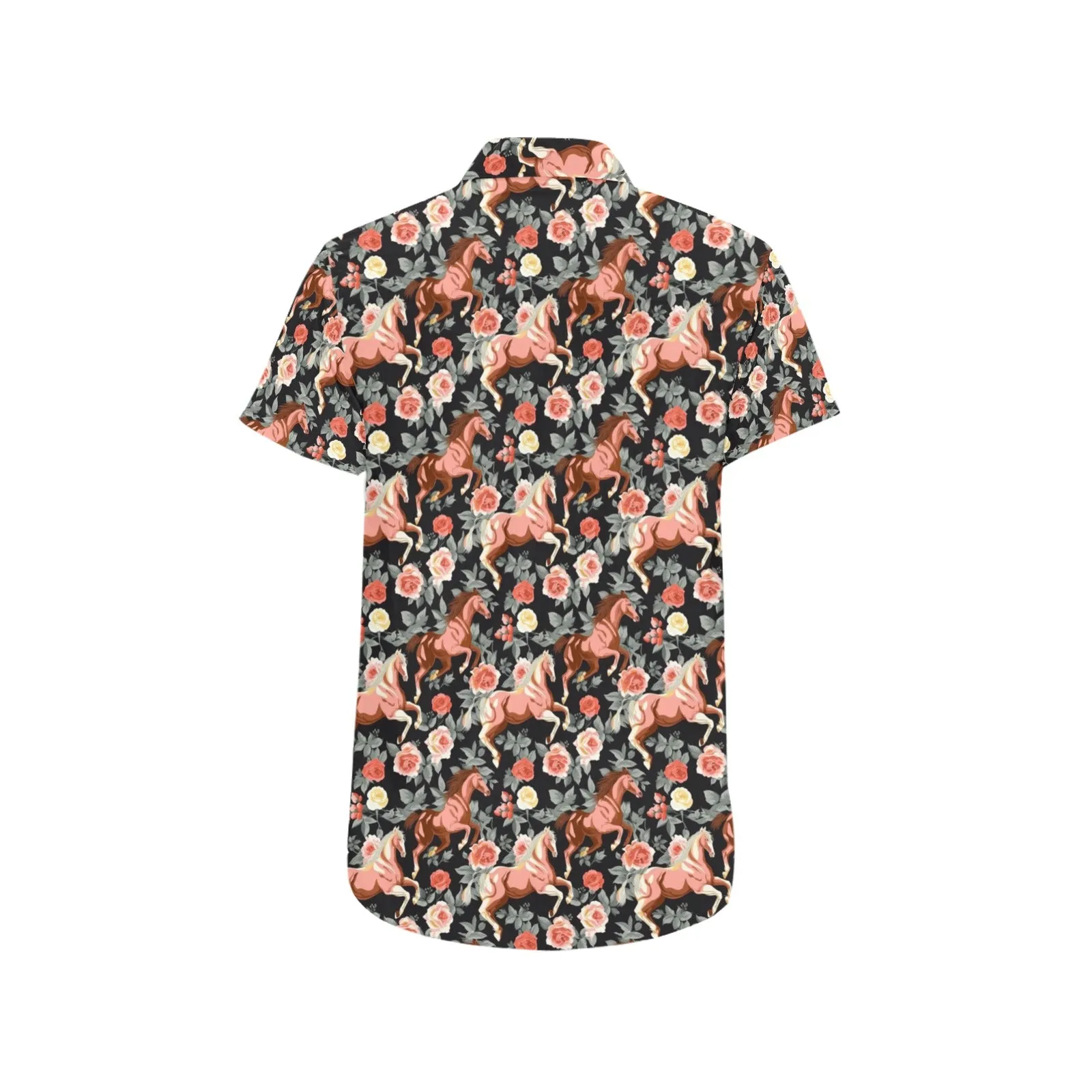 Horses Short Sleeve Men Button Up Shirt, Roses Derby Party Racing Flowers Print Casual Buttoned Down Summer Casual Dress Plus Size Collared