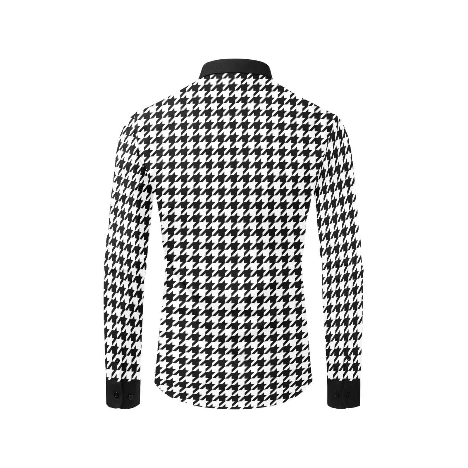 Houndstooth Long Sleeve Men Button Up Shirt, Pattern Black White Print Dress Buttoned Collar Dress Shirt with Chest Pocket