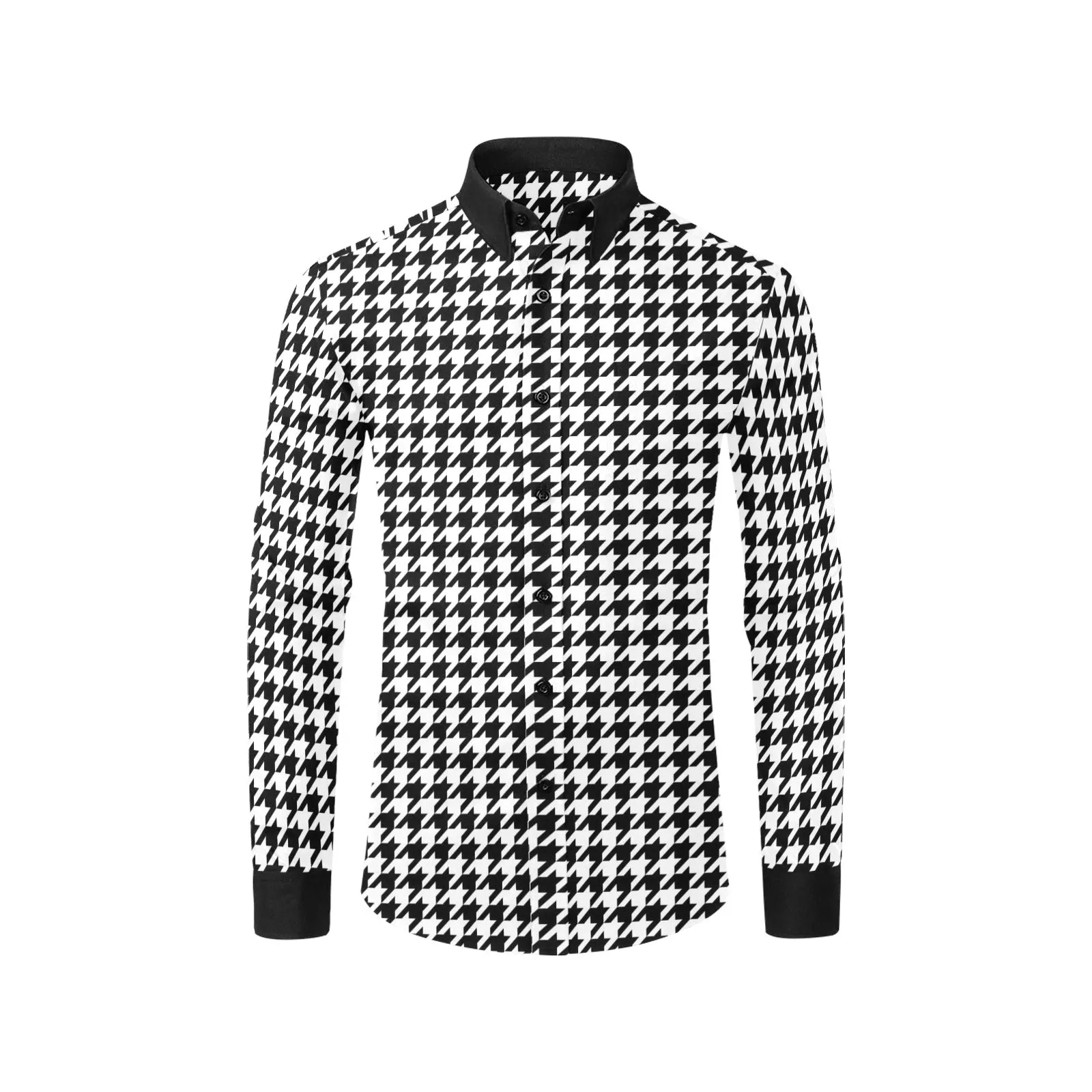 Houndstooth Long Sleeve Men Button Up Shirt, Pattern Black White Print Dress Buttoned Collar Dress Shirt with Chest Pocket