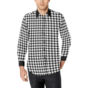 Houndstooth Long Sleeve Men Button Up Shirt, Pattern Black White Print Dress Buttoned Collar Dress Shirt with Chest Pocket