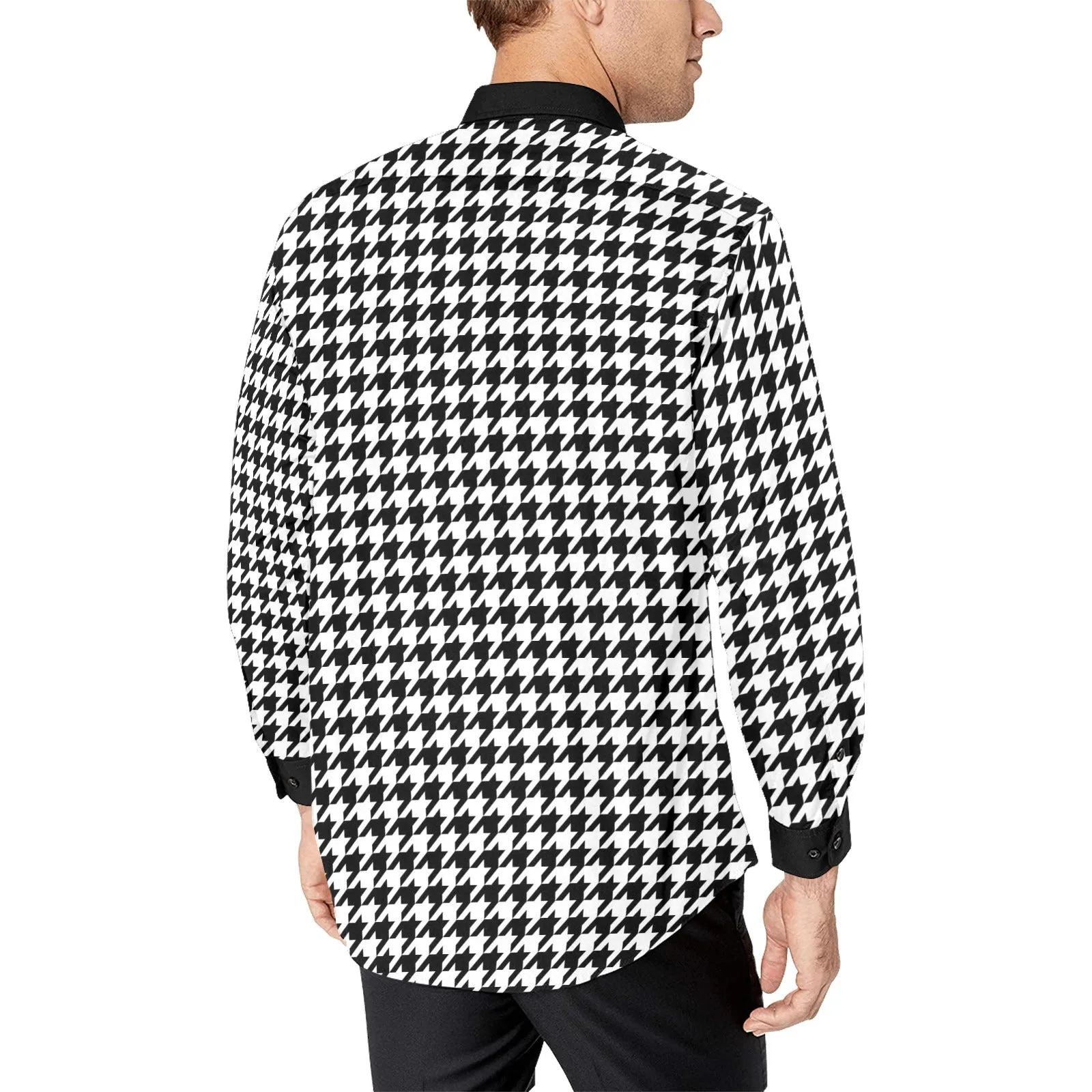 Houndstooth Long Sleeve Men Button Up Shirt, Pattern Black White Print Dress Buttoned Collar Dress Shirt with Chest Pocket