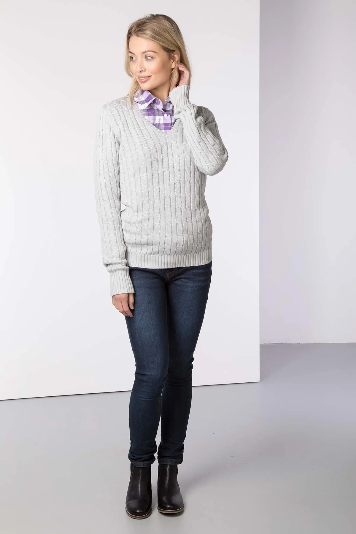 Ladies V Neck Cable Knit Jumper