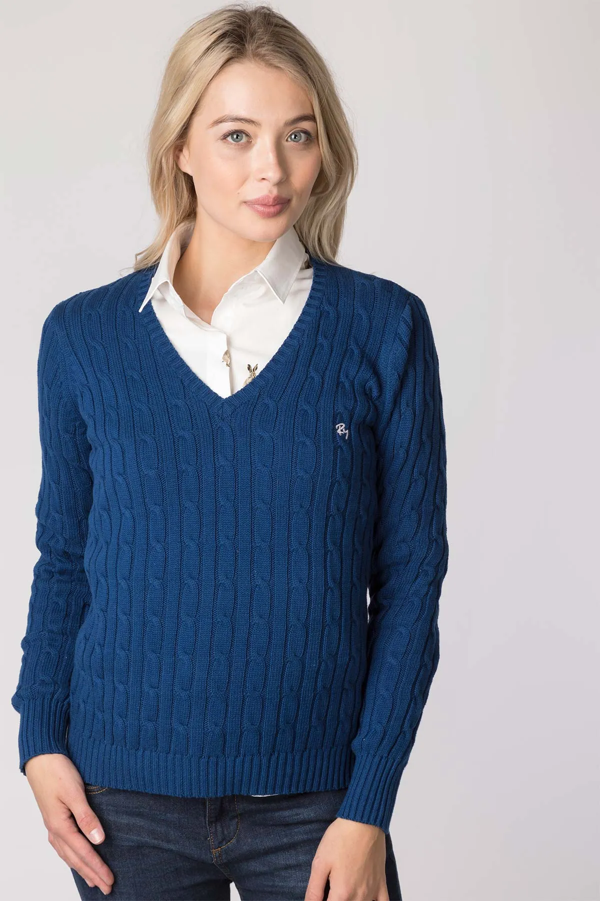 Ladies V Neck Cable Knit Jumper