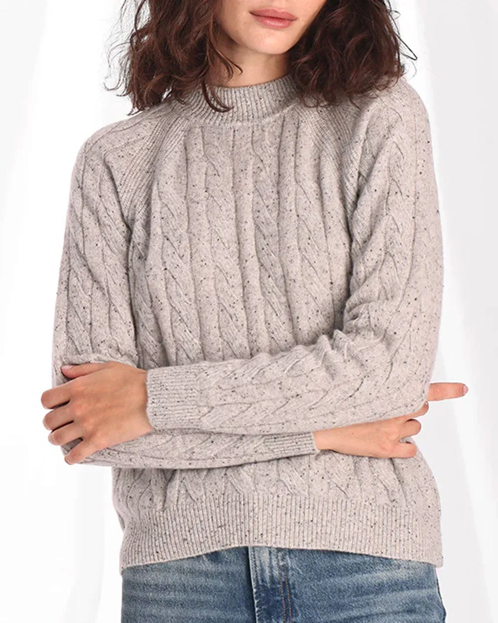 Light Grey Mock Neck Cable Knit Sweater