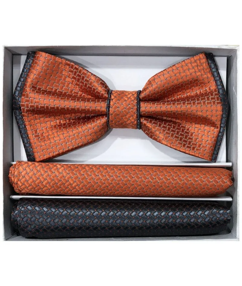 Men's Rust and Black dots satin double bowtie and 2 pocket square by brand Q