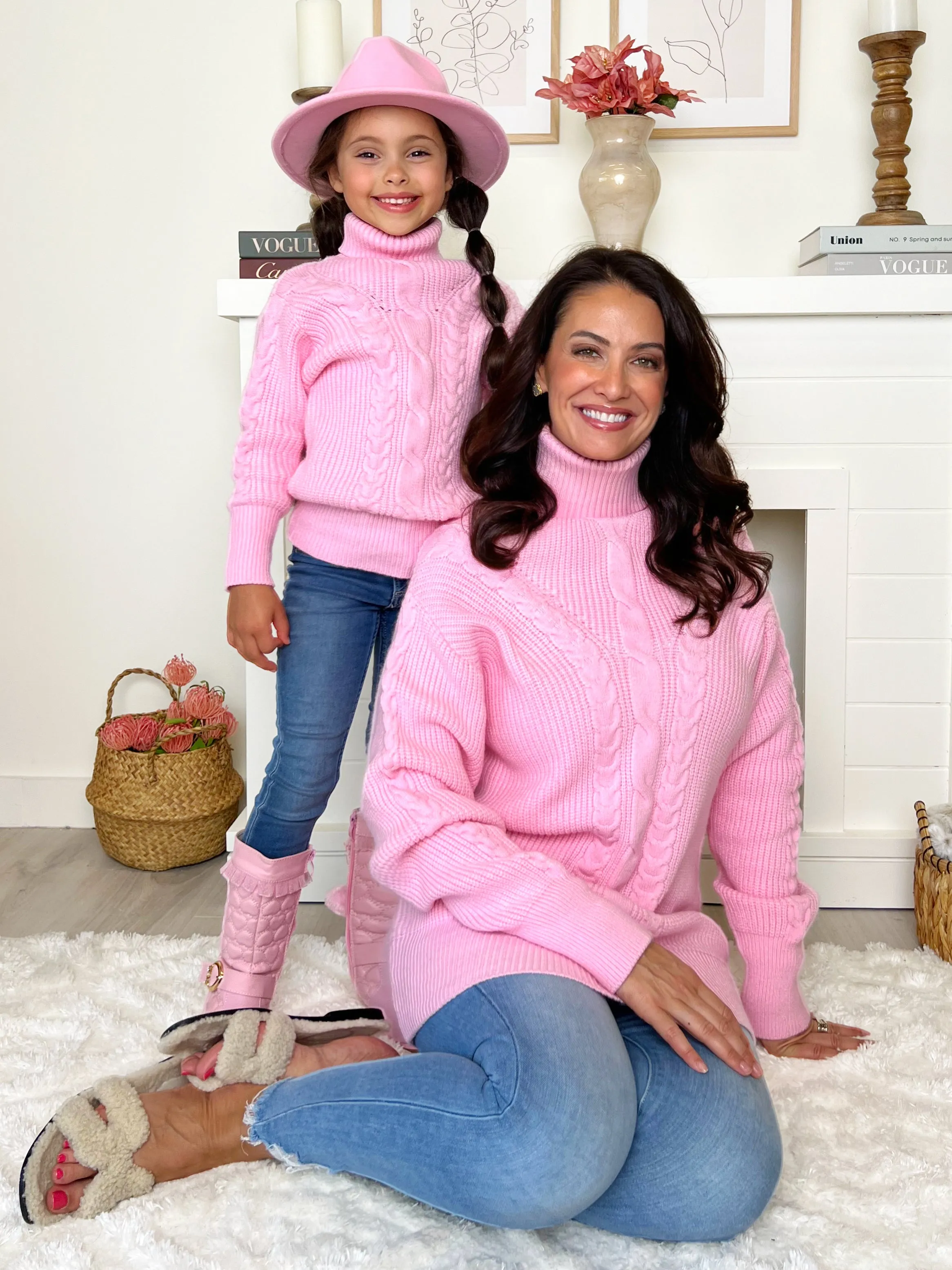 Mommy and Me Pink Oversized Cable Knit Sweater