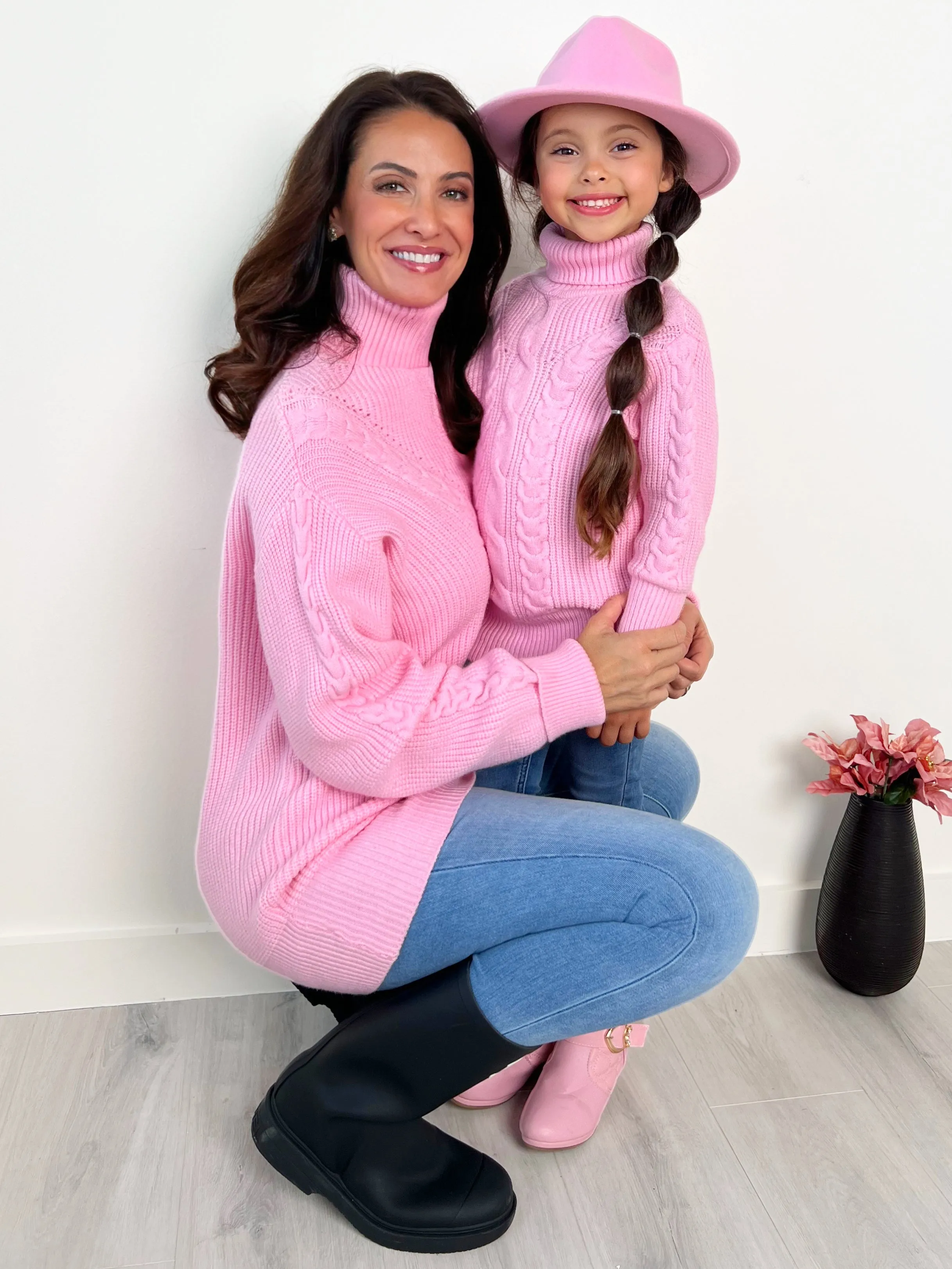 Mommy and Me Pink Oversized Cable Knit Sweater