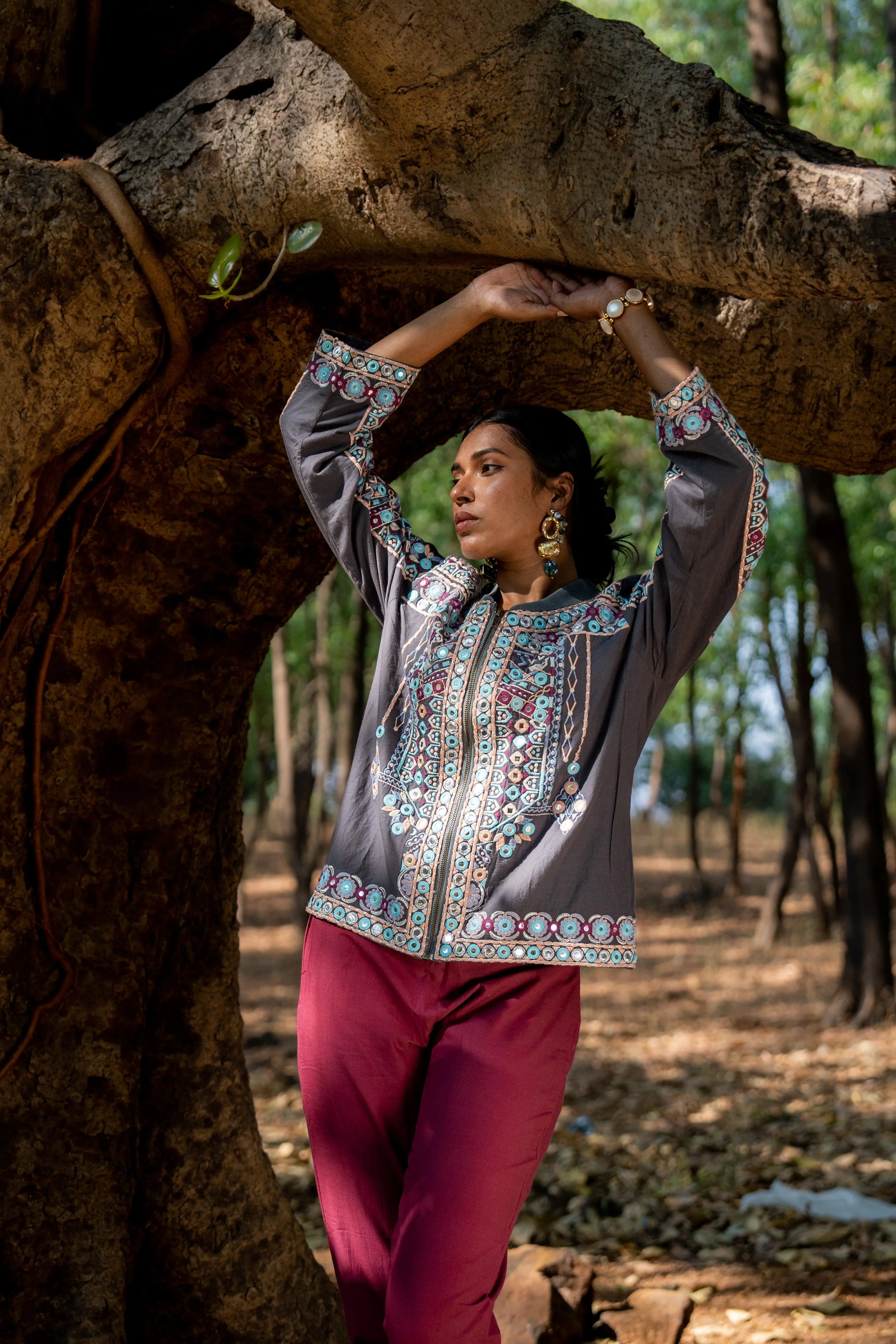 Multicolored Embroidered Cotton Bomber Jacket