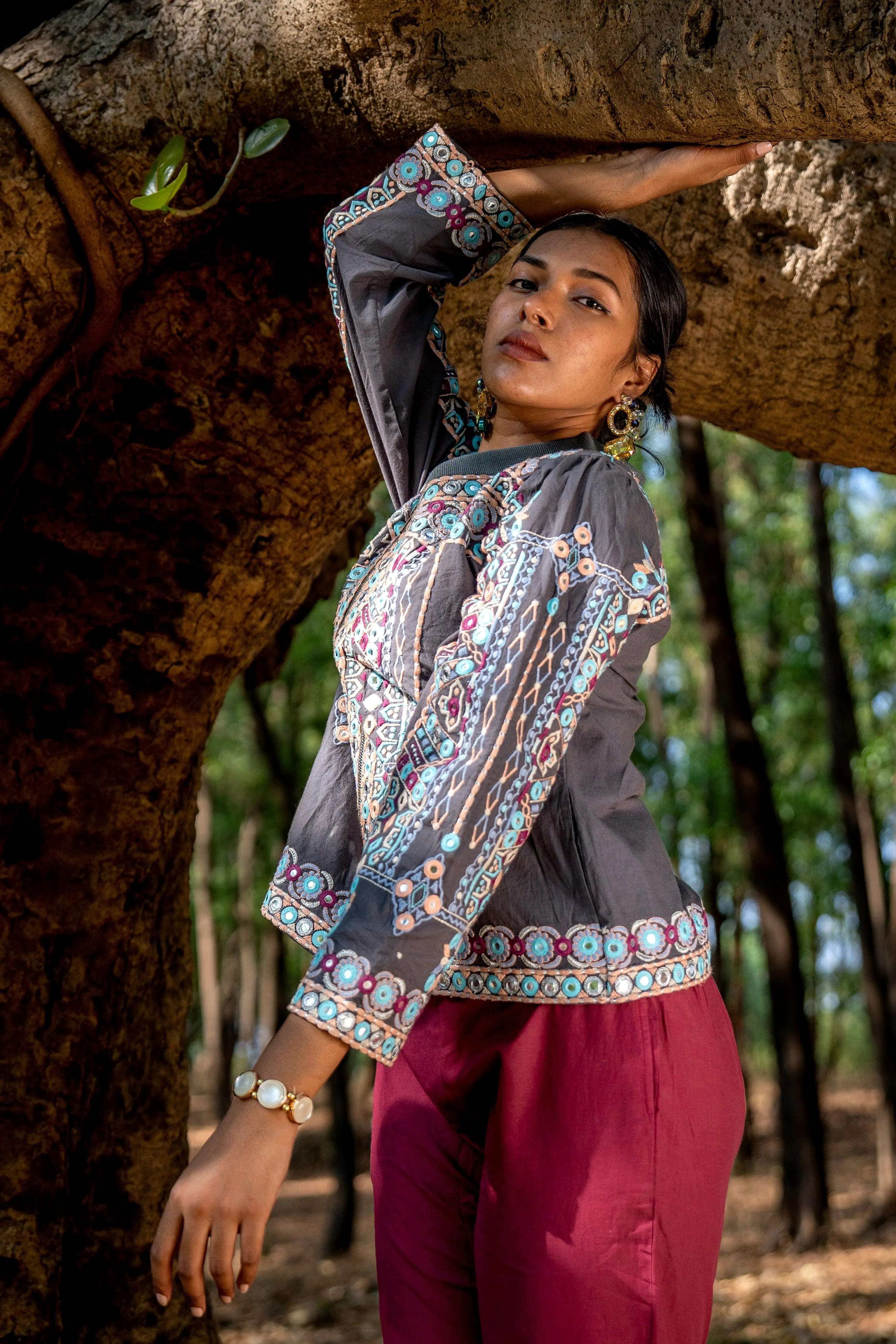 Multicolored Embroidered Cotton Bomber Jacket