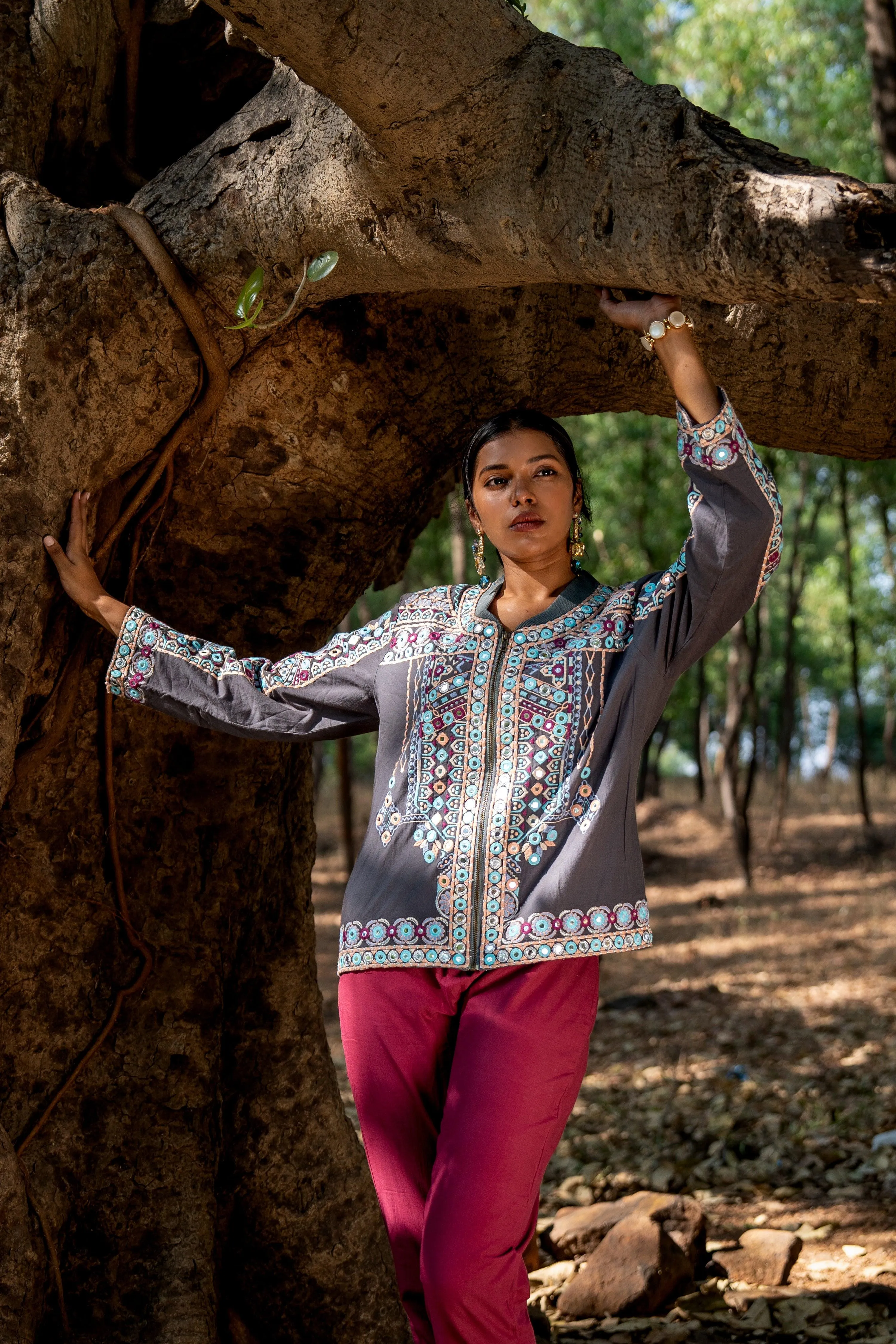 Multicolored Embroidered Cotton Bomber Jacket