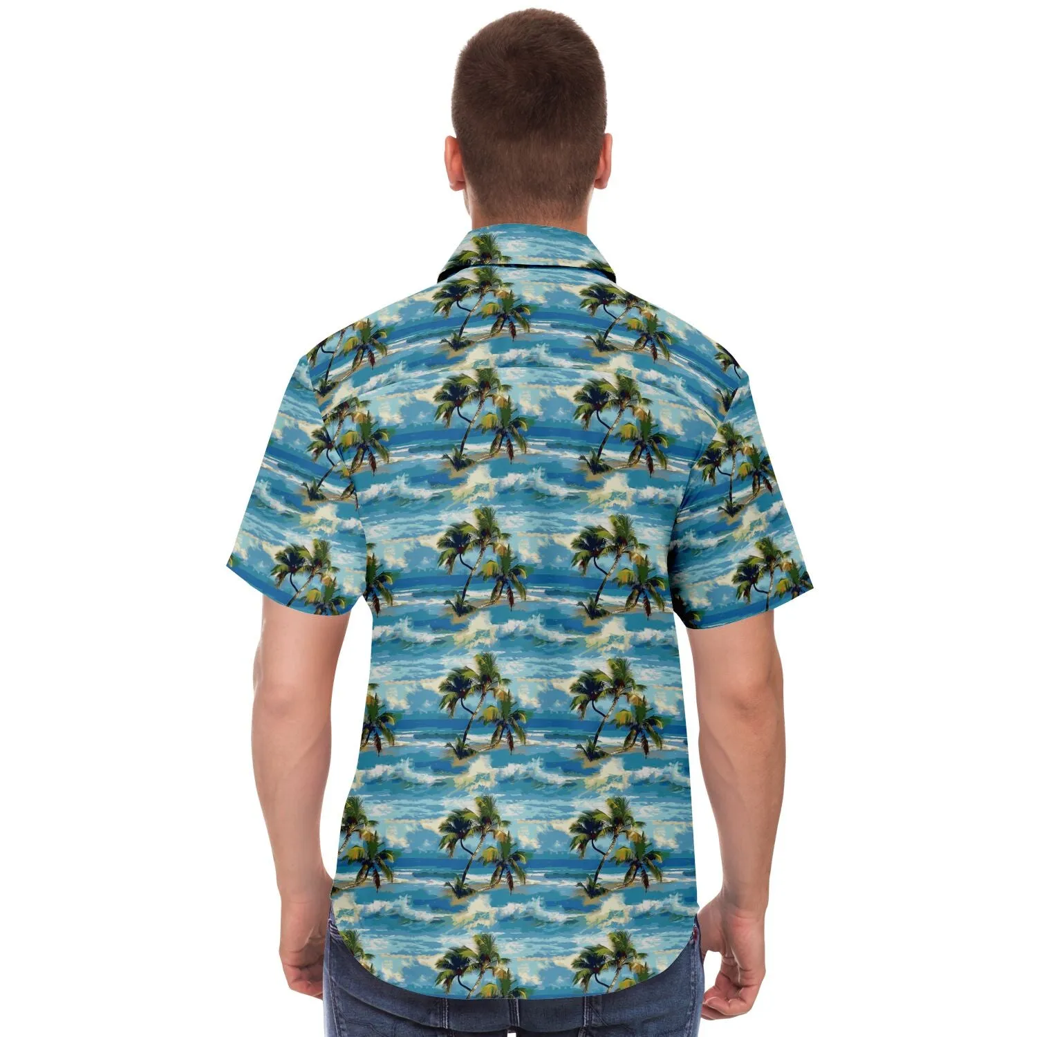 Palm Trees Men Button Up Shirt, Blue Ocean Beach Short Sleeve Print Casual Buttoned Down Summer Male Guys Collared Designer Dress Shirt