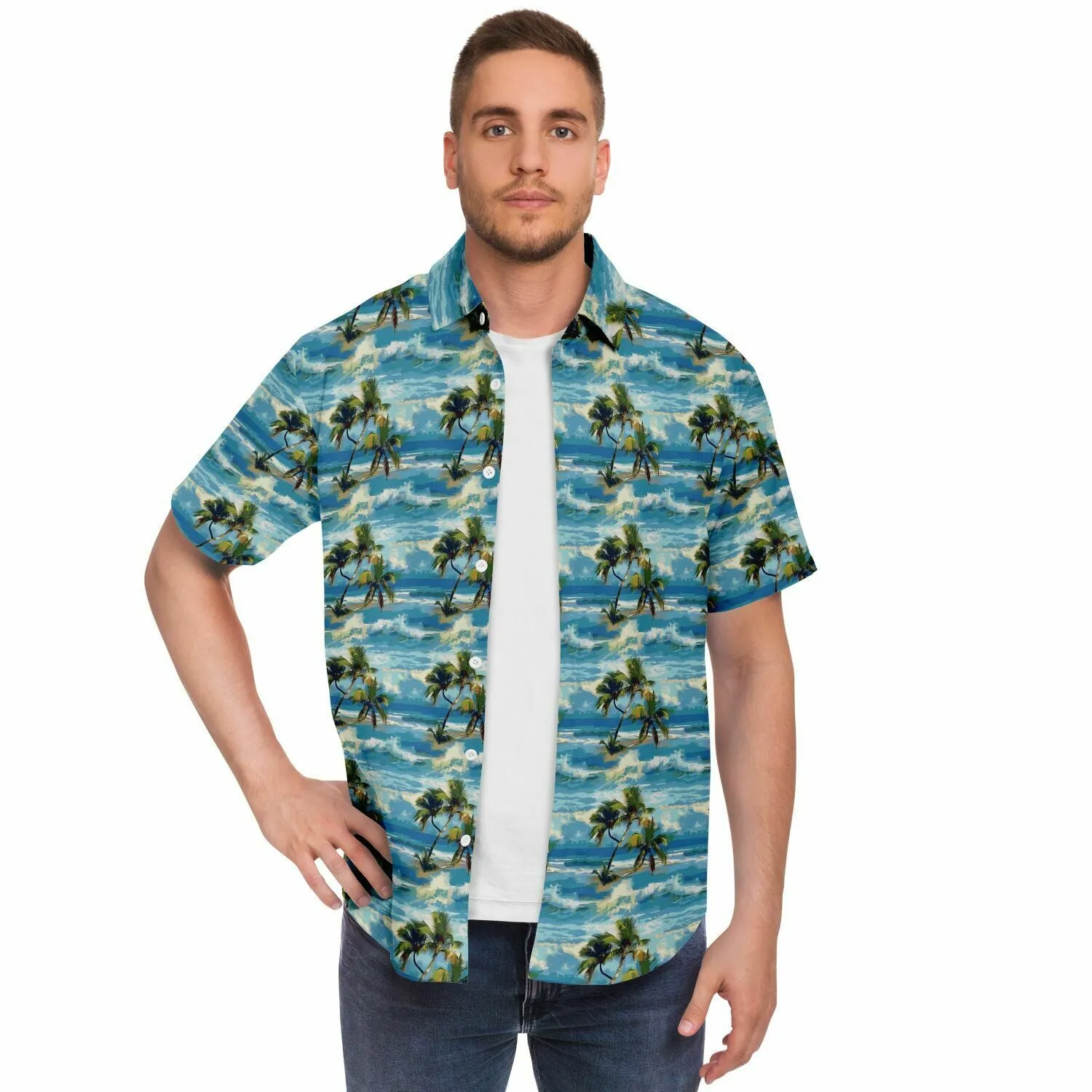 Palm Trees Men Button Up Shirt, Blue Ocean Beach Short Sleeve Print Casual Buttoned Down Summer Male Guys Collared Designer Dress Shirt