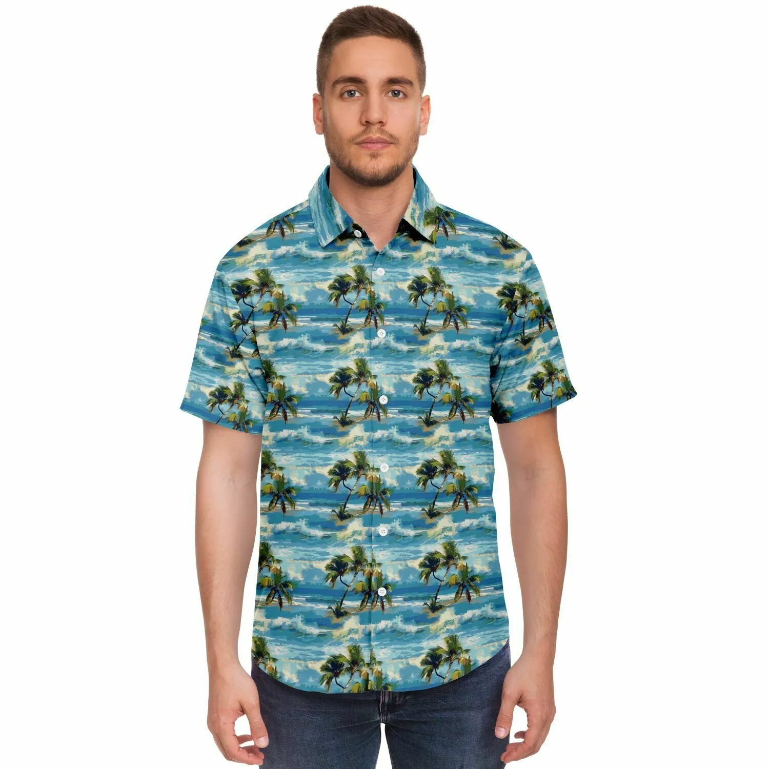 Palm Trees Men Button Up Shirt, Blue Ocean Beach Short Sleeve Print Casual Buttoned Down Summer Male Guys Collared Designer Dress Shirt