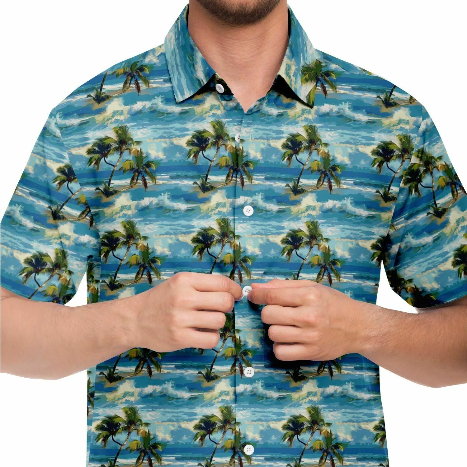 Palm Trees Men Button Up Shirt, Blue Ocean Beach Short Sleeve Print Casual Buttoned Down Summer Male Guys Collared Designer Dress Shirt