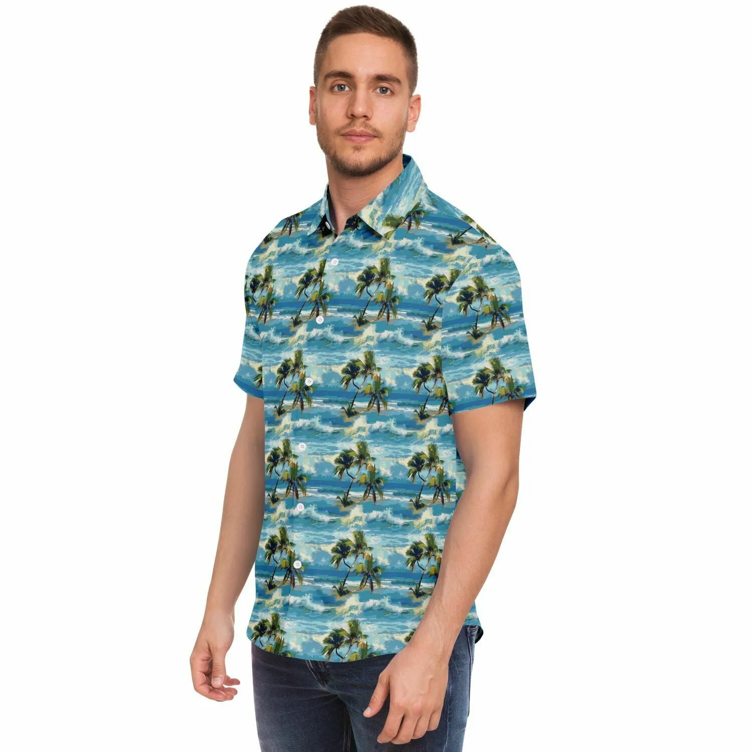 Palm Trees Men Button Up Shirt, Blue Ocean Beach Short Sleeve Print Casual Buttoned Down Summer Male Guys Collared Designer Dress Shirt