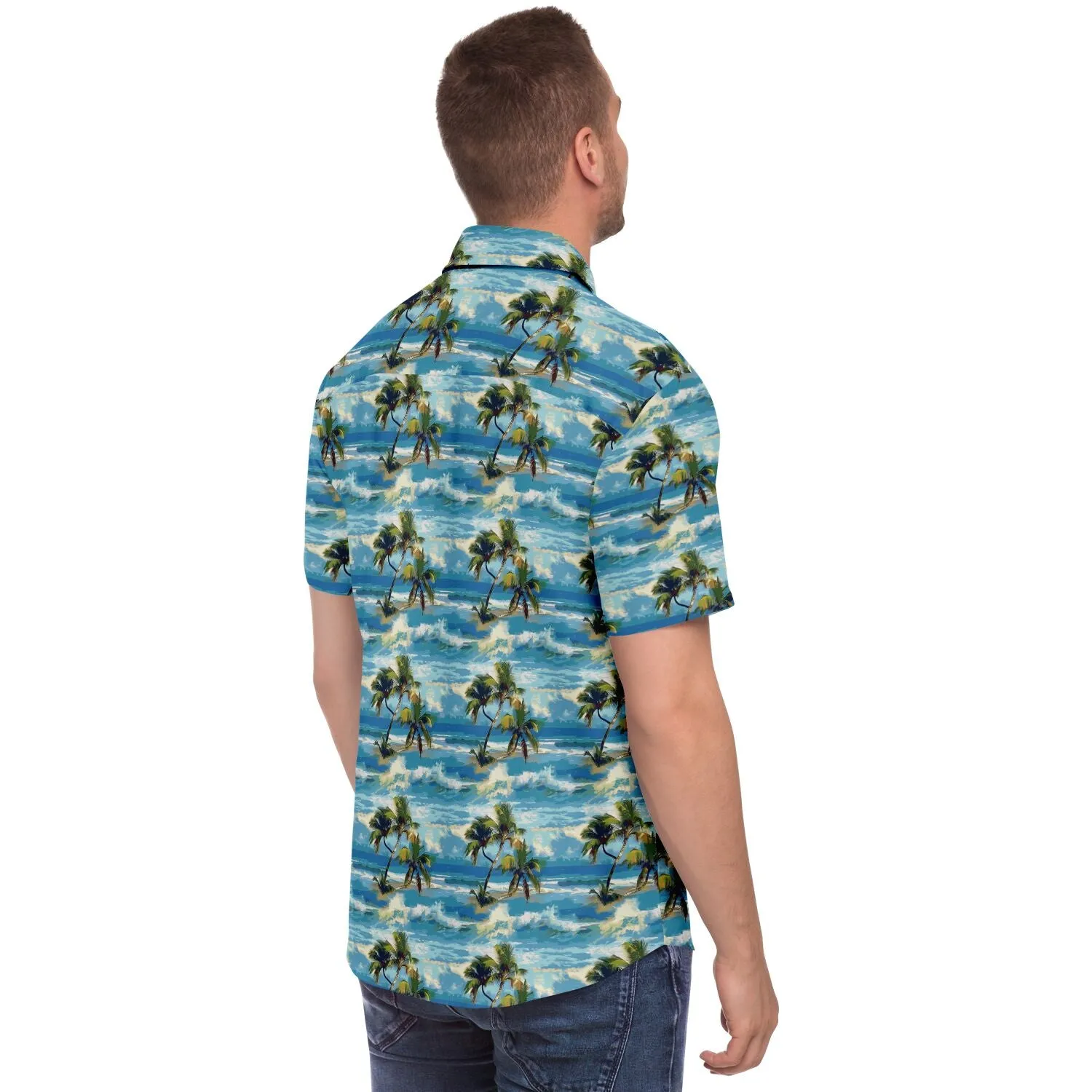 Palm Trees Men Button Up Shirt, Blue Ocean Beach Short Sleeve Print Casual Buttoned Down Summer Male Guys Collared Designer Dress Shirt