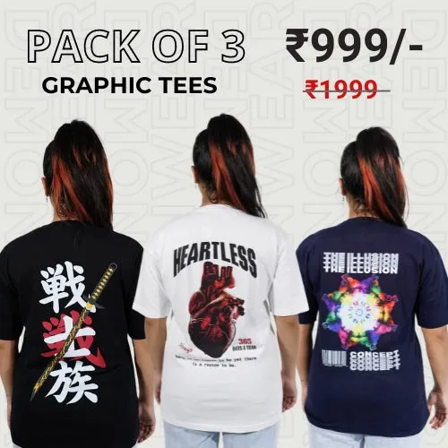 "Samurai" "Concept" "Heartless" Graphic T-Shirt By DemonWear Combo Pack Of 3 for Her