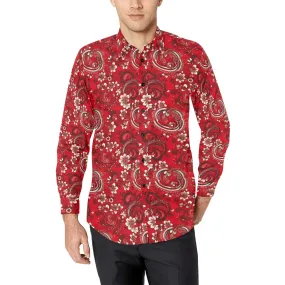 Red Paisley Men Button Up Shirt, Bandana Long Sleeve Pattern Print Dress Buttoned Collar Casual Dress Collared Shirt with Chest Pocket