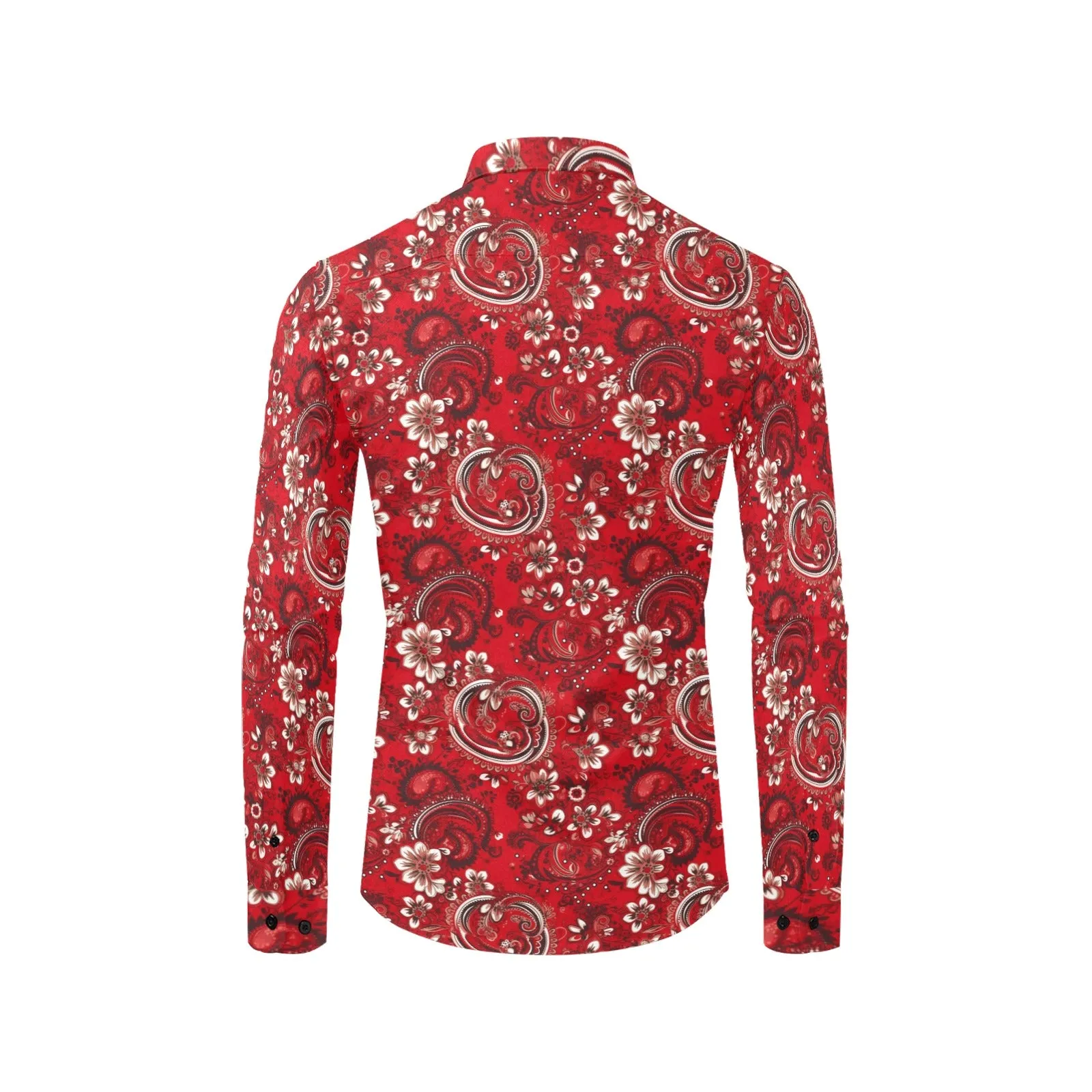 Red Paisley Men Button Up Shirt, Bandana Long Sleeve Pattern Print Dress Buttoned Collar Casual Dress Collared Shirt with Chest Pocket