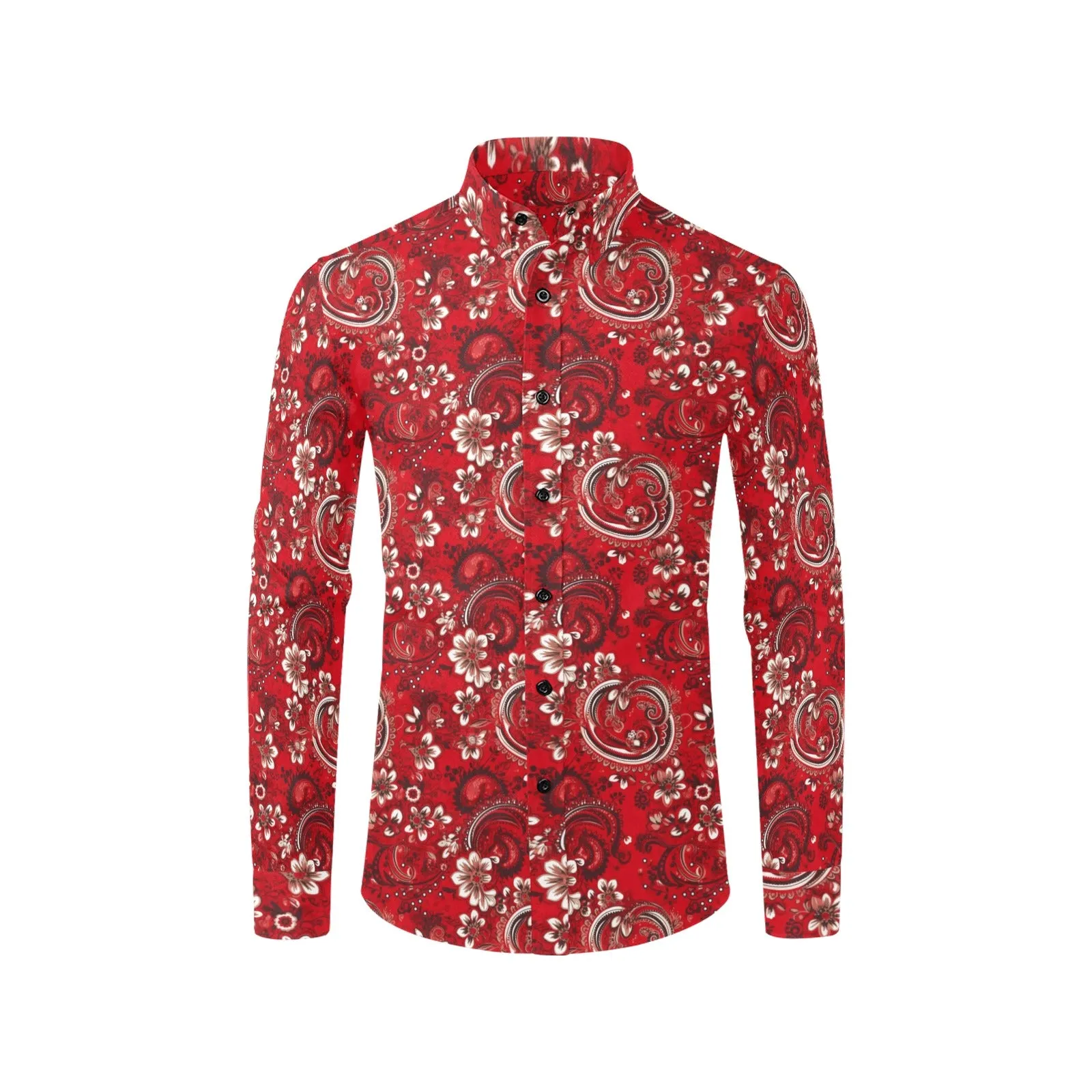 Red Paisley Men Button Up Shirt, Bandana Long Sleeve Pattern Print Dress Buttoned Collar Casual Dress Collared Shirt with Chest Pocket