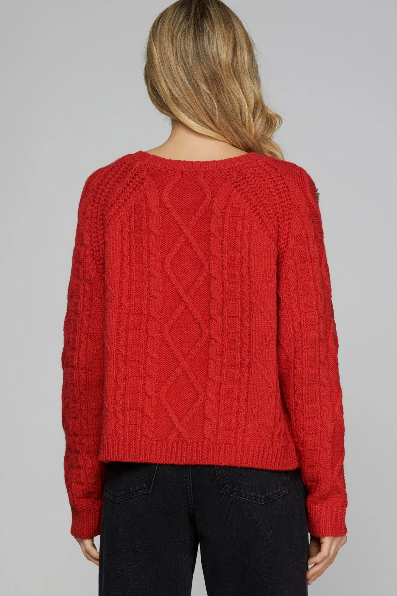 Rhinestone Cable Knit Sweater - Red