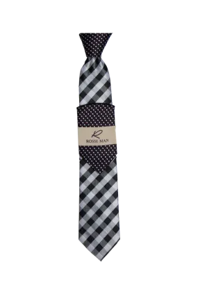 Rossi Man Black-Gray Striped Ties and Hanky Set