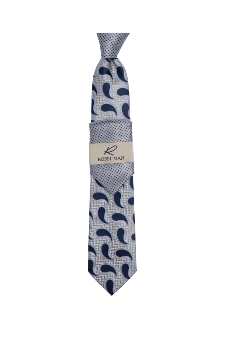 Rossi Man Blue-Gray Paisley Neckties and Hanky Set